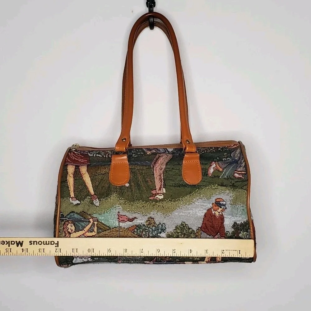 Tapestry Purse Handbag Golf Scene Sporty Vintage 2-Handle Zipper